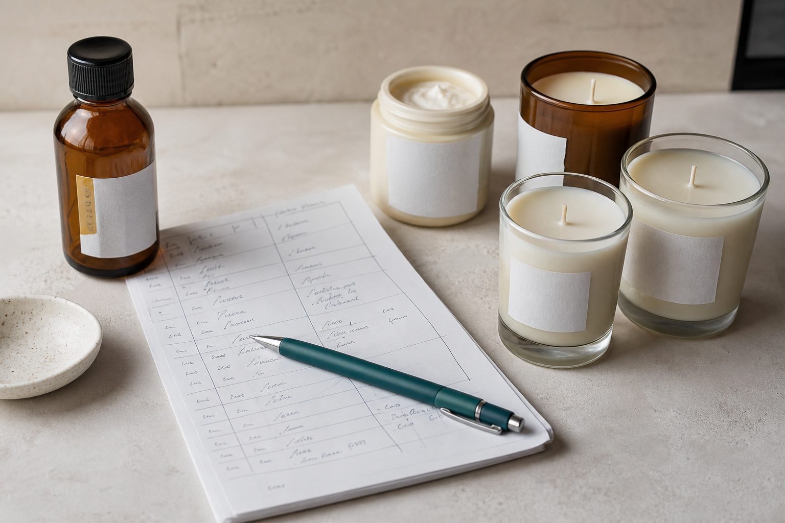 Fragrance oil bottle with a supplier lot sticker beside a handwritten batch sheet and finished candles