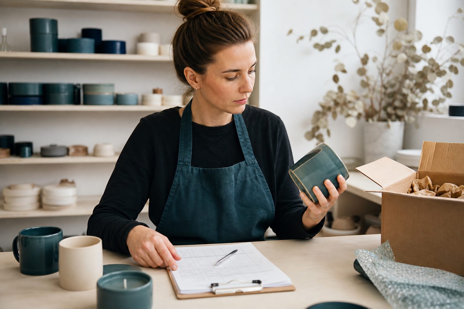 Maker at a bright desk examining a returned candle vessel while checking a batch log