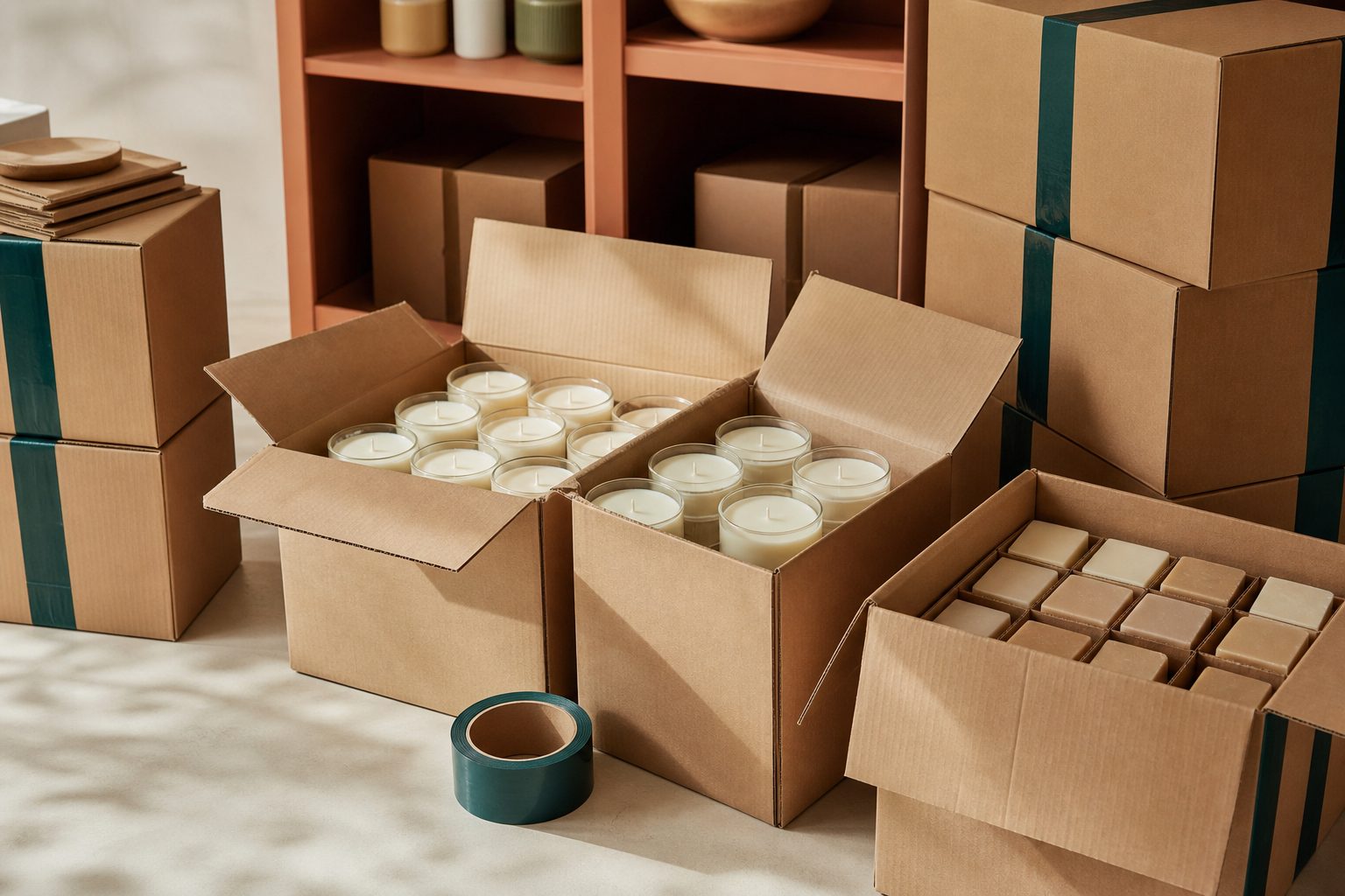 Packed cartons of candles and soap staged for a wholesale pickup in a bright studio