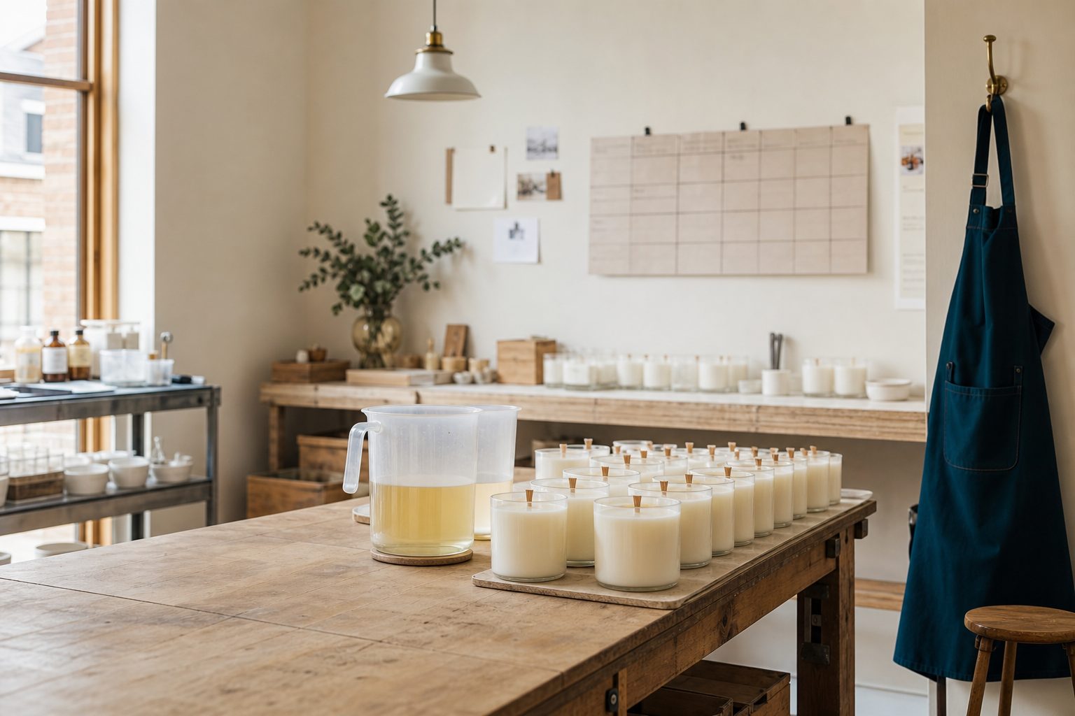 Bright one person candle studio mid production with rows of filled vessels and a pouring pitcher
