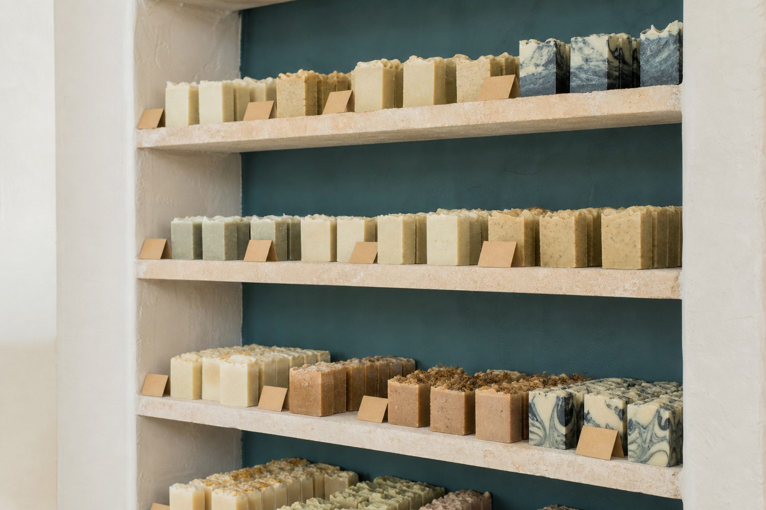 Shelves of curing soap bars with small kraft date cards tucked beside each row