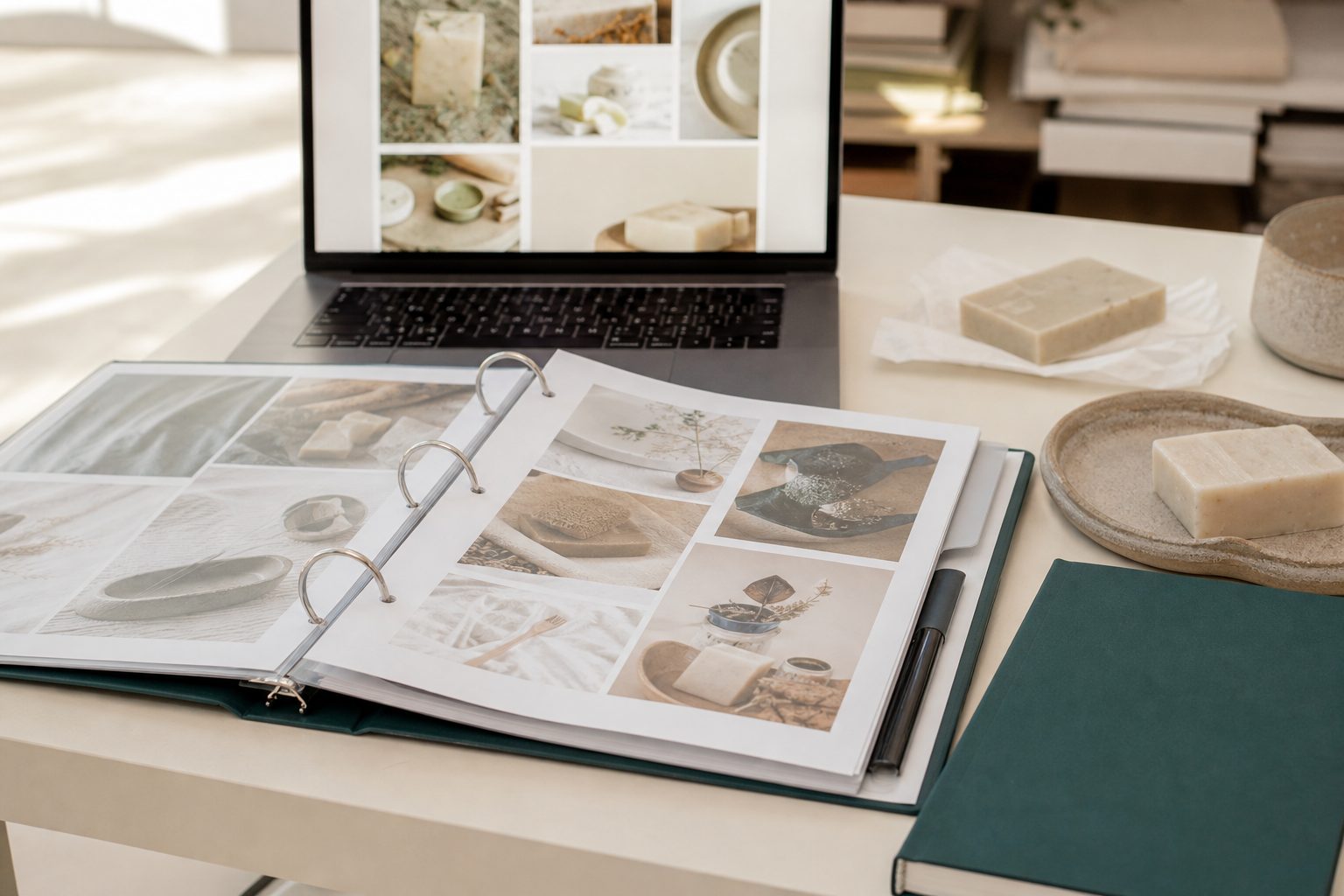 Open production binder and laptop on a bright studio desk beside unwrapped soap bars