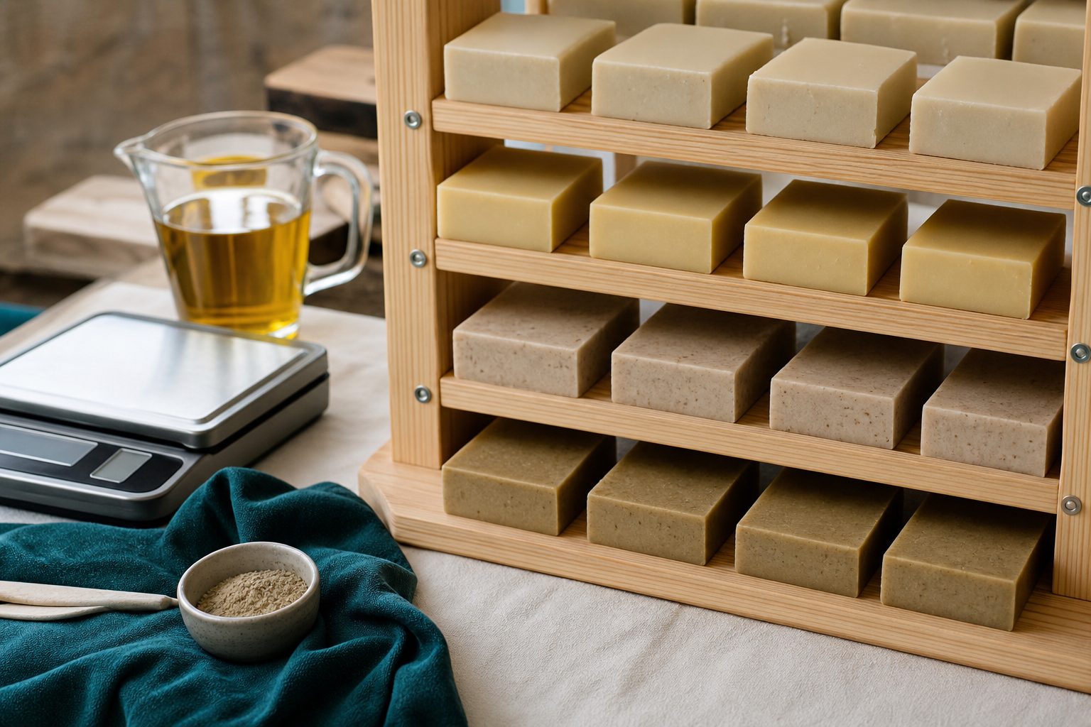Cut soap bars curing on a wooden rack beside a kitchen scale and a jug of oil in bright daylight
