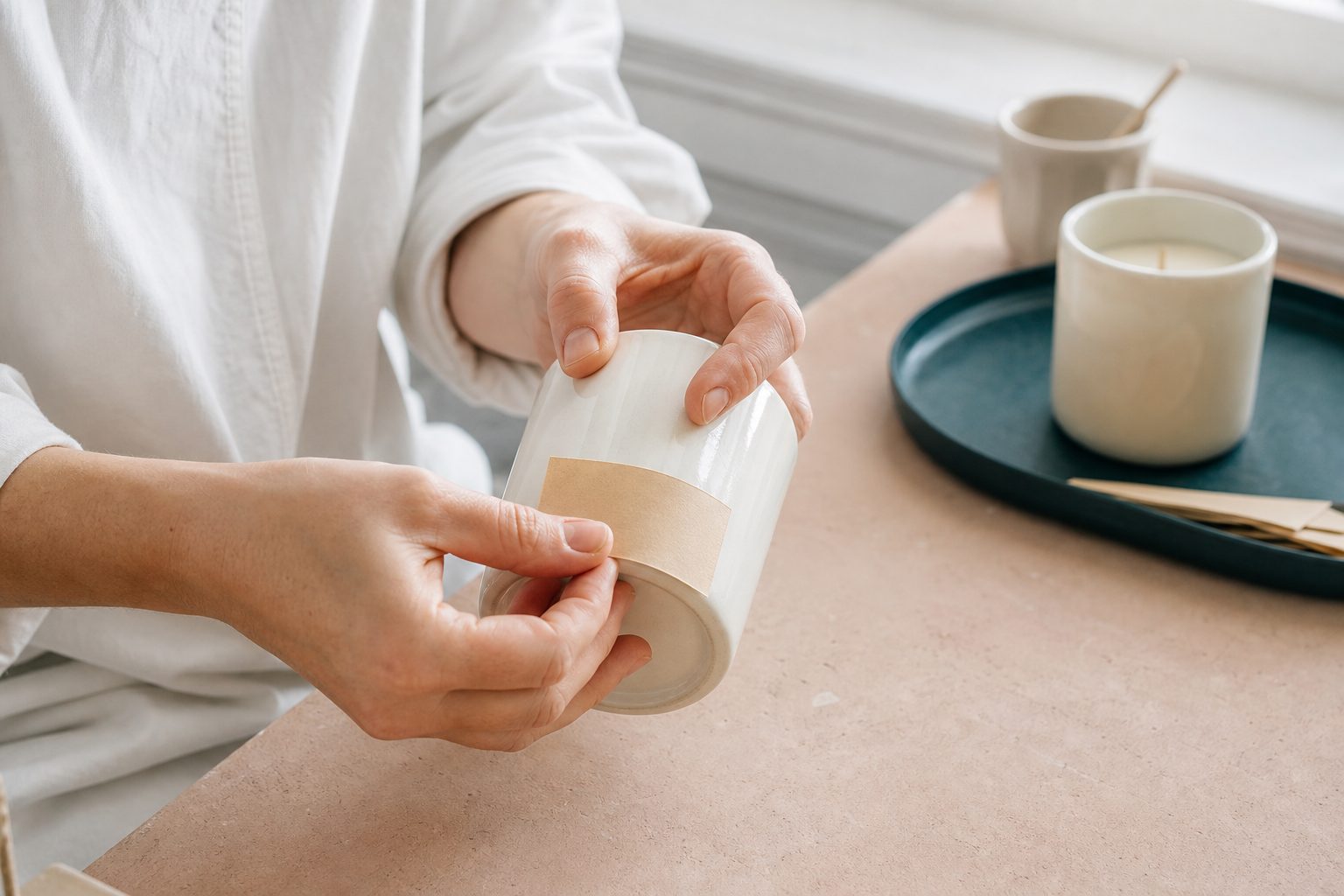 Hands smoothing a kraft paper warning label onto the base of a cream candle vessel on a bright studio bench