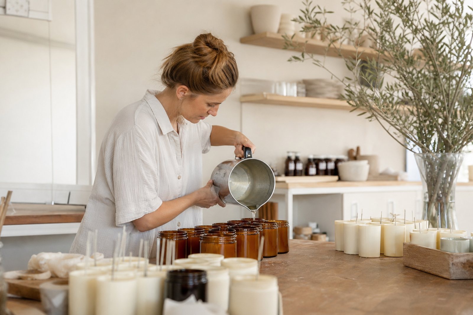 Candle maker pouring melted wax into glass jars on a studio workbench beside kraft labels and molds