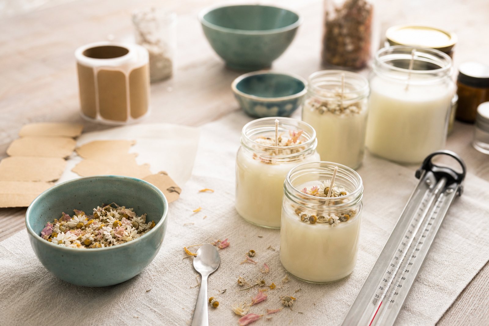 Candle making workbench with poured jars, a thermometer, dried flowers and kraft labels in daylight